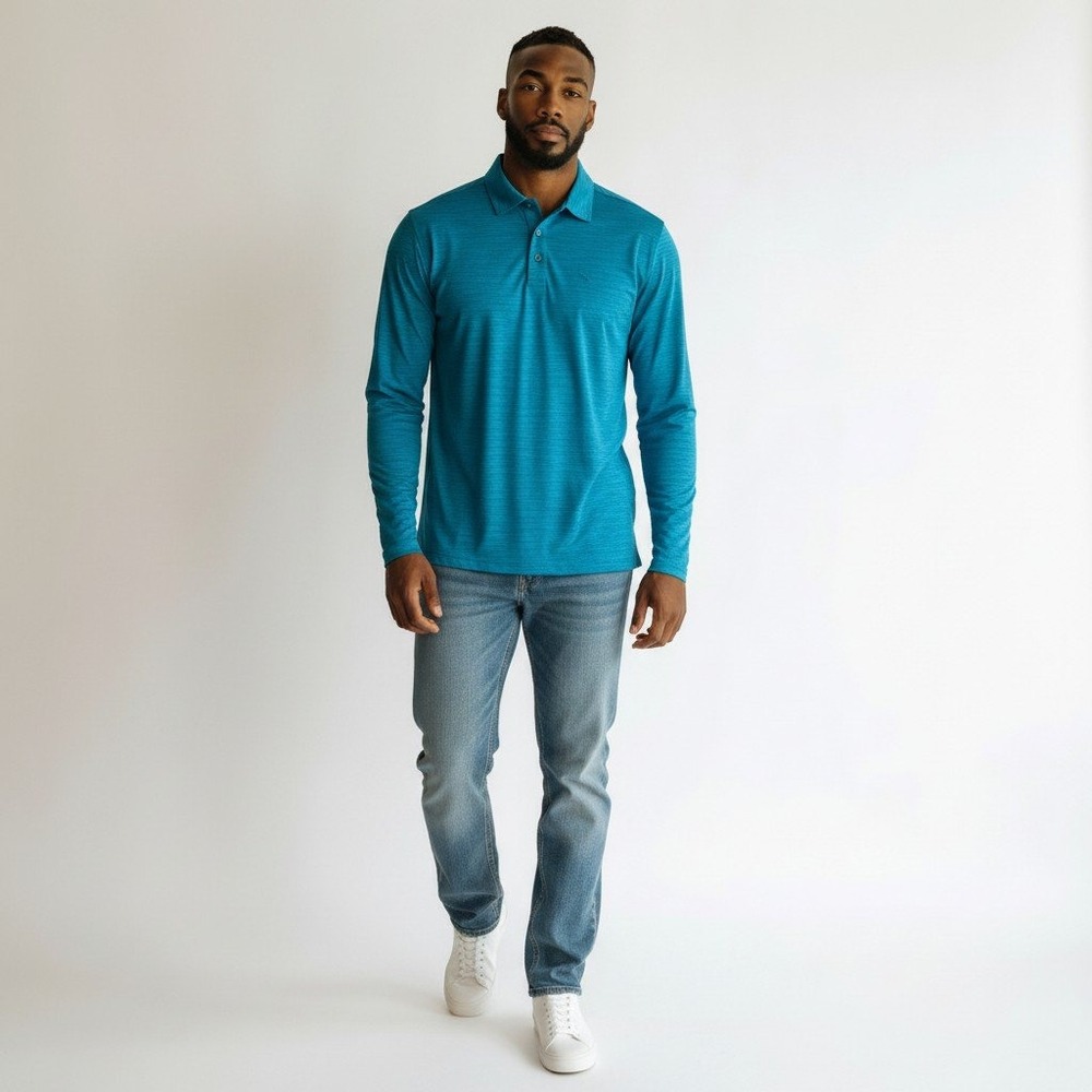 Tommy Bahama IslandZone Polo XL Teal Blue Long Sleeve Heathered Marlin Logo